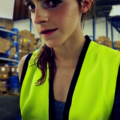 Image similar to photo, close up, emma watson in a hi vis vest, in warehouse, soft light, android cameraphone, snapchat story screenshot, 2 6 mm,