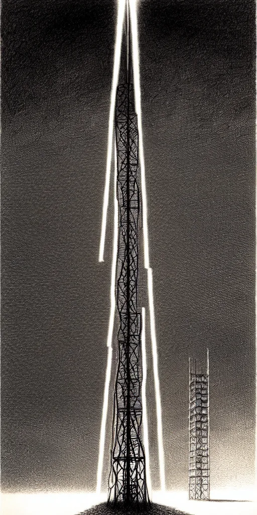 Image similar to A tower connected with cables, shining light, rays of light, by beksinski, shining light, high clouds, fog, Award winning, pencil drawing, masterpiece, detailed illustration