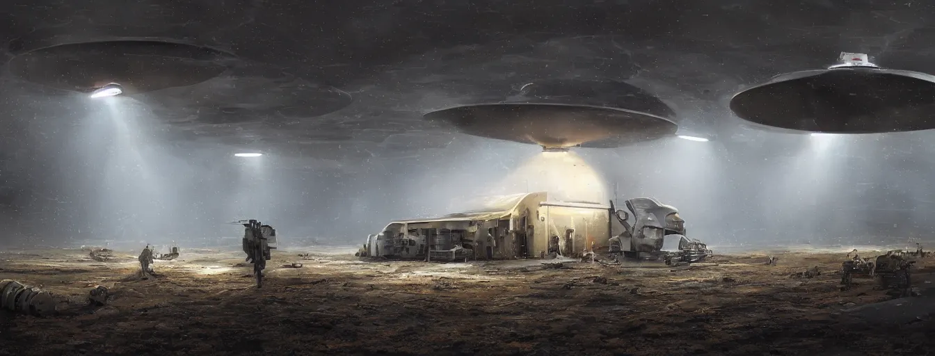 Prompt: engineer repairs special flying saucer full of modern military equipment, in the hall of area 55, high detail, ground fog, wet reflective ground, saturated colors, by Jordan Grimmer, render Unreal Engine-H 704