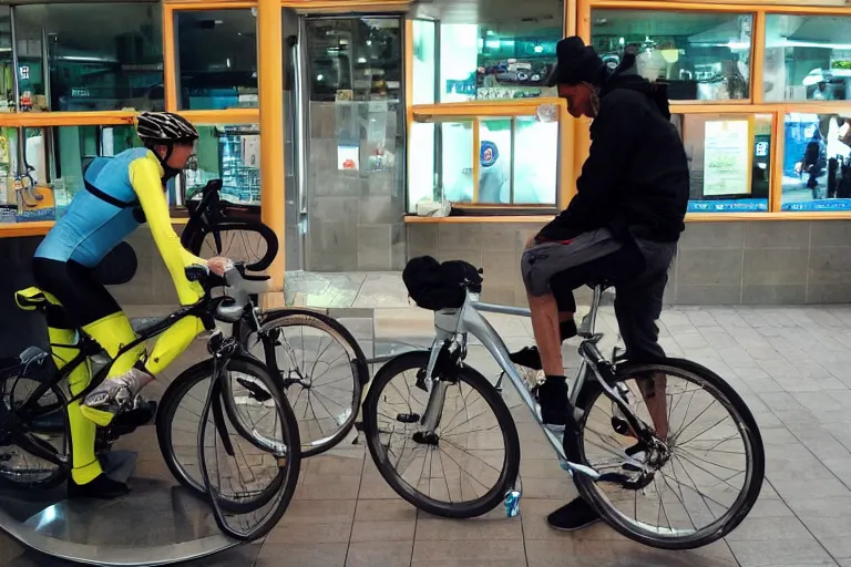 Image similar to cyclist in toilet!!! inside mcdonalds is eating donuts!!! and drinking yerba!!! mate