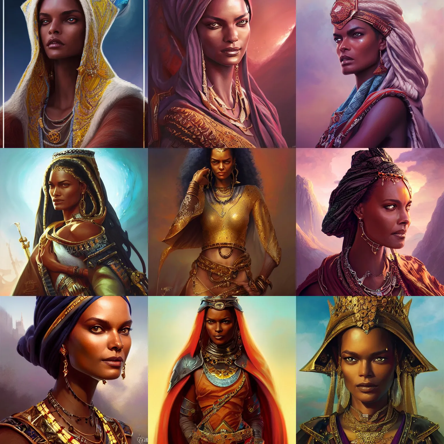 Prompt: saharan empress, liya kebede, D&D, fantasy, portrait, highly detailed, digital painting, trending on artstation, concept art, sharp focus, illustration, art by artgerm and greg rutkowski and magali villeneuve