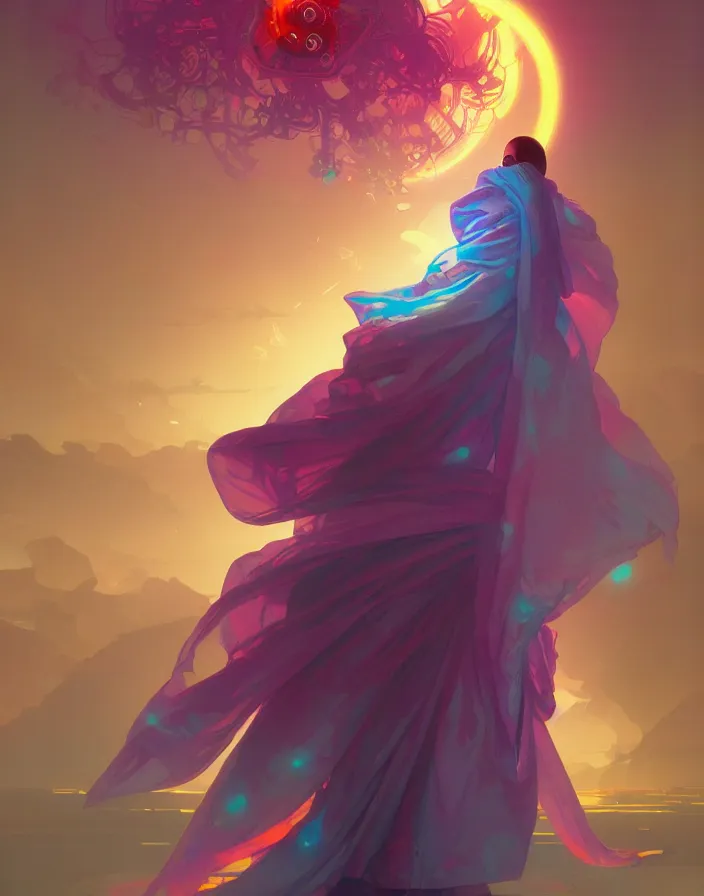 Image similar to a robot monk wearing a flowing cloak, vaporwave aesthetic, colorful, psychedelic, digital painting, artstation, concept art, smooth, sharp focus, illustration, art by artgerm and greg rutkowski and alphonse mucha