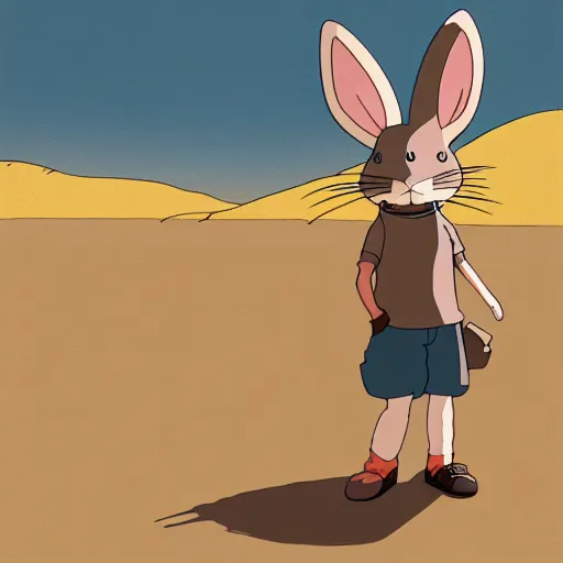 Image similar to a study of cell shaded cartoon of a rabbit dancing on a desert road, full body, wide shot, very muted colors, post grunge, studio ghibli, laurie greasley, highly detailed, deviantart, art by artgem