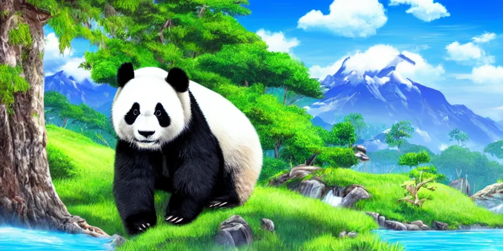 Prompt: a sweet panda in the foreground, a green lifeful landscape with mountains seas and big trees, hyperrealistic, highly detailed, 4k, blue sky with clouds and the sun