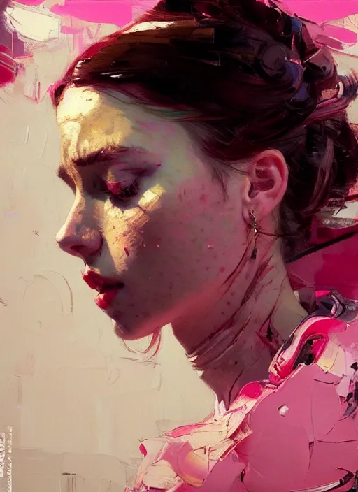 Prompt: portrait of a beautiful girl, eyes closed, open mouth, strong emotions, shades of pink, beautiful face, rule of thirds, intricate outfit, spotlight, by greg rutkowski, by jeremy mann, by francoise nielly, by van gogh, digital painting