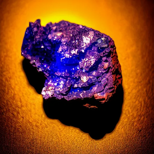 Image similar to a mineral rock, in a dark studio room. magical-like style, almost glowing and smoking. Photography of rare minerals. Tanzanite, Red Beryl, Bixbite, Red Emerald, Scarlet Emerald.