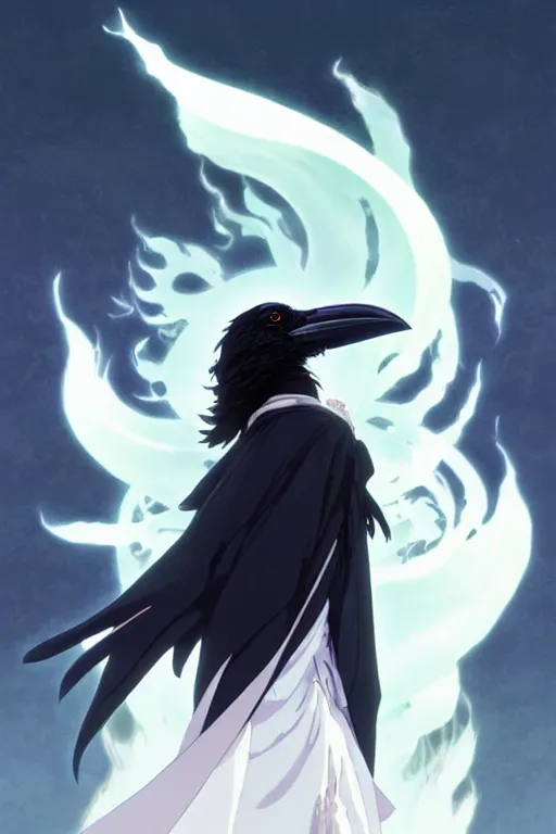 Prompt: raven headed warlock doing magic spells wind, white robes, finely detailed perfect anime face, exquisite details, mid view, design on a white background, by studio muti, greg rutkowski makoto shinkai takashi takeuchi studio ghibli