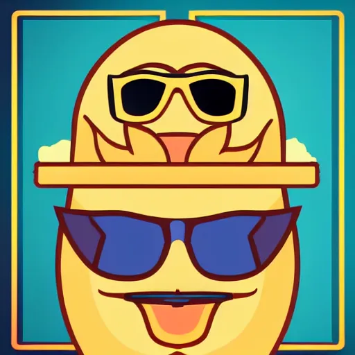 Prompt: vector logo of a flaming piece of popcorn with a smiling face, with mirrorshades sunglasses, popcorn as morpheus, clean composition, symmetrical