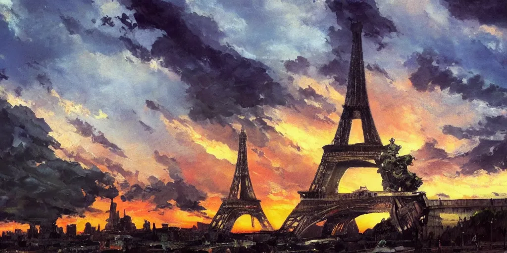 Prompt: eiffel tower in post apocalyptic paris , moody sunset and dramatic sky , oil painting by frazetta, low angle,wide angle, cinemascope panorama