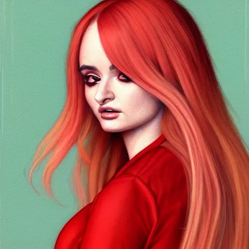 Image similar to UHD Photorealistic Kim Petras wearing a red dress with hyperrealistic, correct details, ultrarealistic dynamic lighting, symmetrical face, accurate face, in the style of art nouveau by Greg Rutkowski