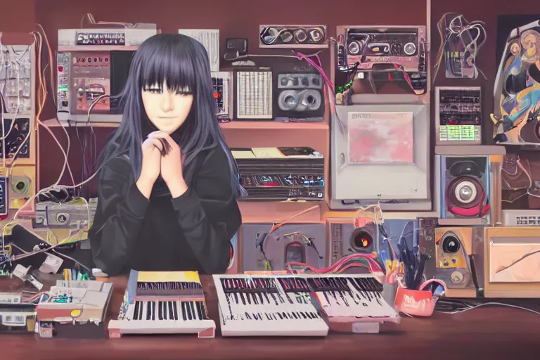 Prompt: painting of girl producing music, anime, cluttered, electronics, wire, dark lighting