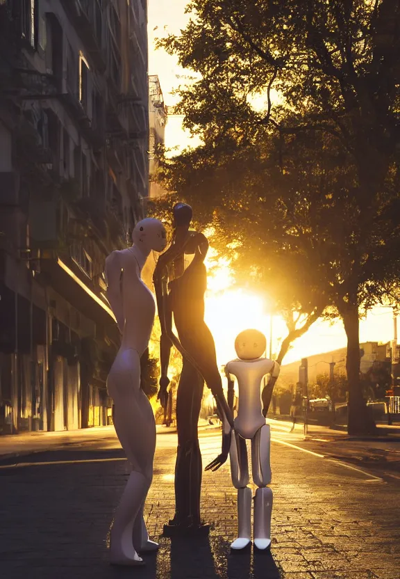 Image similar to a calming photograph of a slender, humanoid robot caresses a beautiful woman in the face, large shot, wide shot, in a street, sunset photo