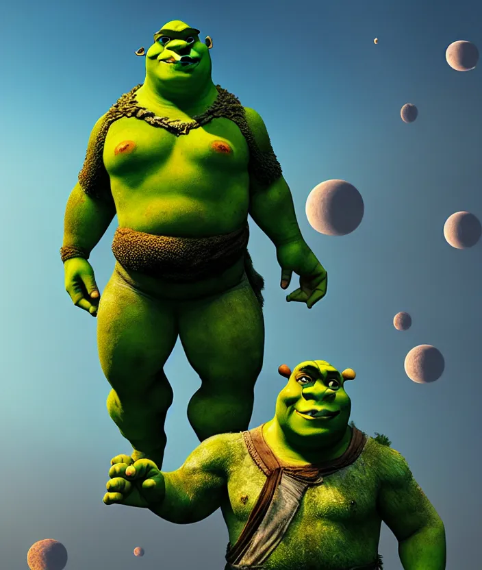 Image similar to giant shrek anunnaki statue, full body, planets, sky, dream, highly detailed, digital painting, refreshing, trending on artstation, octane render, illustration by james jean