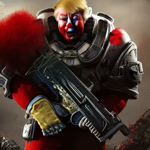 Prompt: donald trump as a clown in gears of war, splash art, movie still, cinematic lighting, ray tracing, detailed clown face, octane render, long lens, shallow depth of field, bokeh, anamorphic lens flare, 8 k, hyper detailed, 3 5 mm film grain