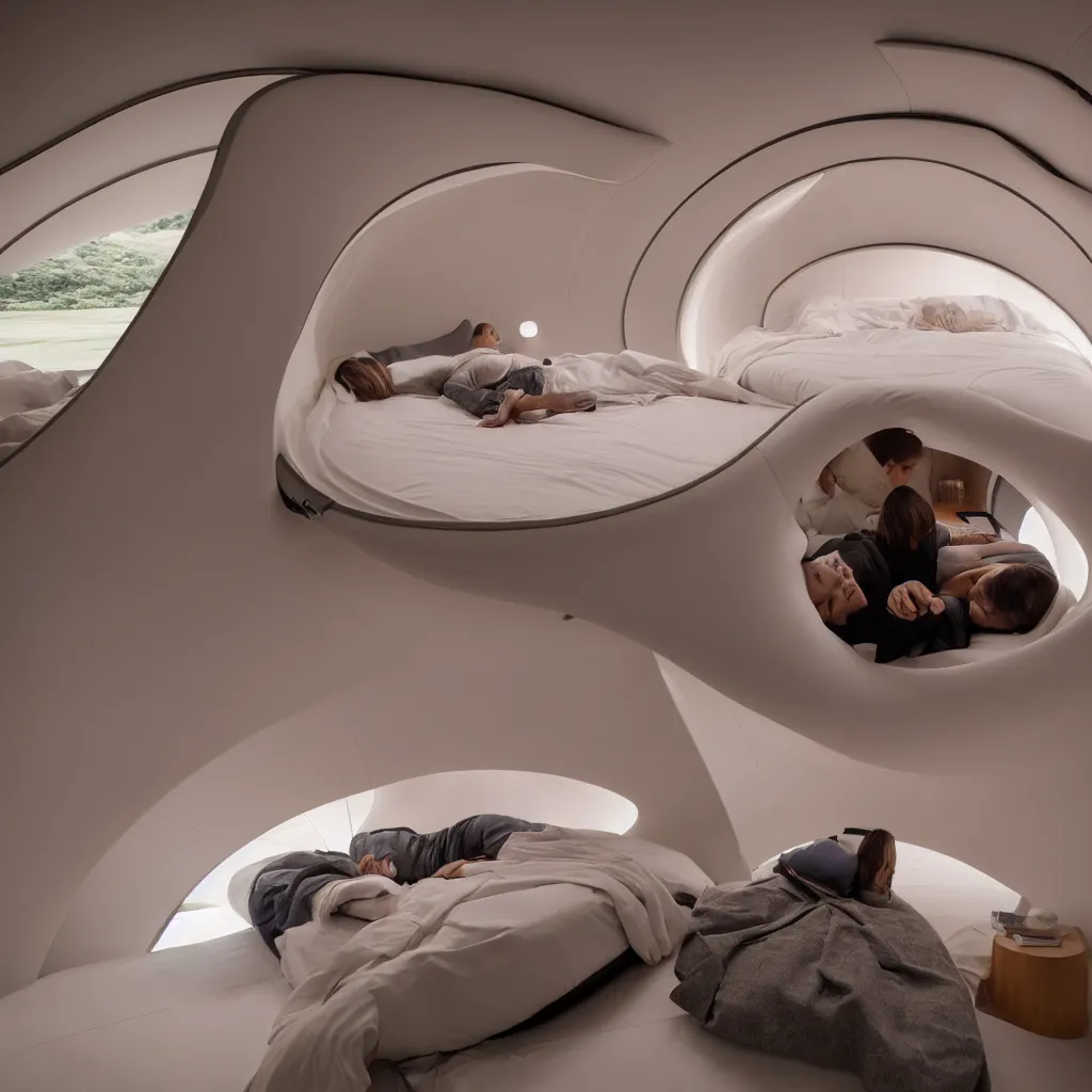 Prompt: inside cozy luxurious curved sleep-pod with wall to wall padding and sound system, ambient lighting, XF IQ4, 150MP, 50mm, F1.4, ISO 200, 1/160s, dawn