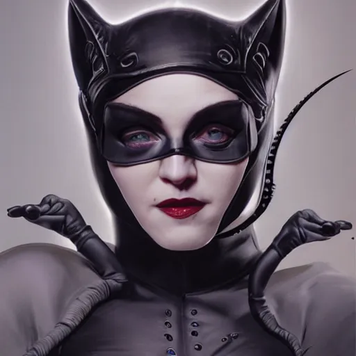 Prompt: Epic Masterpiece head and shoulders portrait of Madonna as catwoman in Batman Returns by Tim Burton drawn by Donato Giancola and Tom Bagshaw, Edmund Leighton, Alphonse Mucha, 4k, volumetric lighting, komorebi, trending on artstation, octane render, hyperrealistic