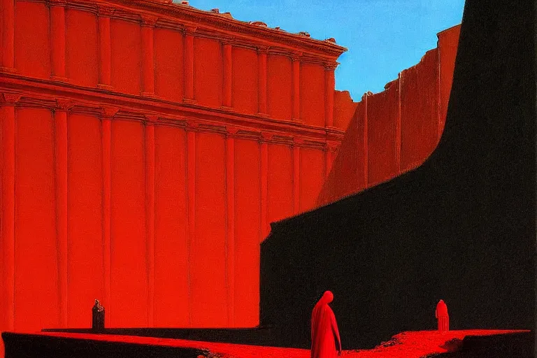 Prompt: only with red, a red melted emperor, taormina amphitheatre, crowd hails him, in the style of beksinski, parts by edward hopper, parts by rodcenko, parts by yue minjun, intricate and epic composition, red by caravaggio, insanely quality, highly detailed, masterpiece, red light, artstation, 4 k