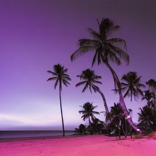 Prompt: on a beach, a dark night, faded purple light streak across the sky coming from the left down to the right, 2 skinny shadow palm trees stand in front of the purple glow in the sky, high detail