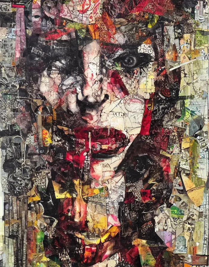 Image similar to you are the prey for your sins mixed media collage, conteporary art, punk art, single realistic face, photorealistic, expressionism, masterpiece, perfect composition, spectacular quality, intricate oil sweeps