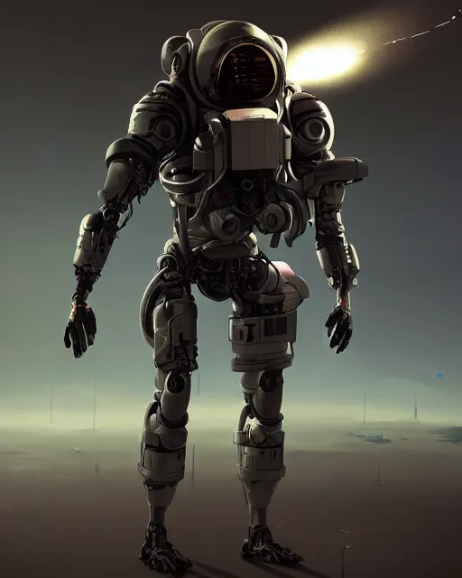 Prompt: full body concept ar of a cyborg astronaut, hovering above ground, smoke surrnounding him, cinematic, sci - fi concept art, octane render, greg rutkowski, brush strokes