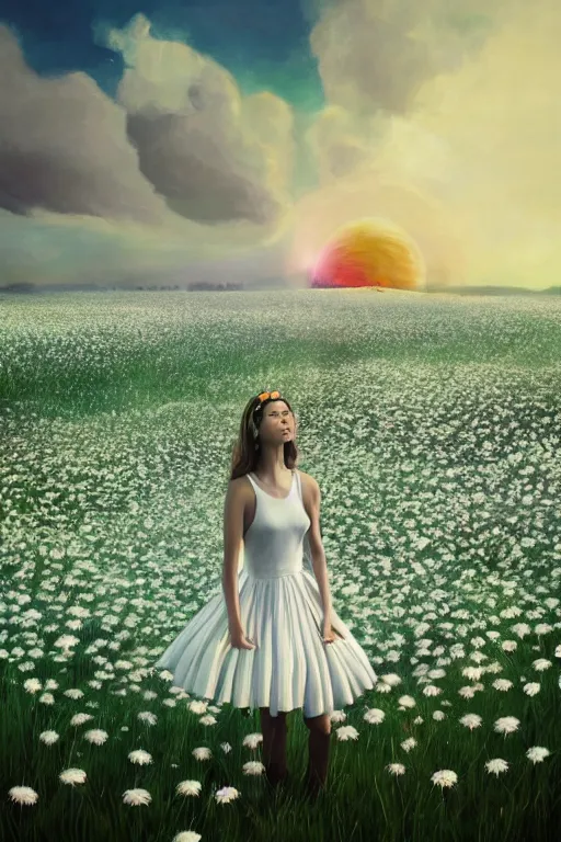 Image similar to giant white daisy flower as head, posture girl dancing in a flower field, surreal photography, sunrise, dramatic light, impressionist painting, colorful clouds, digital painting, artstation, simon stalenhag