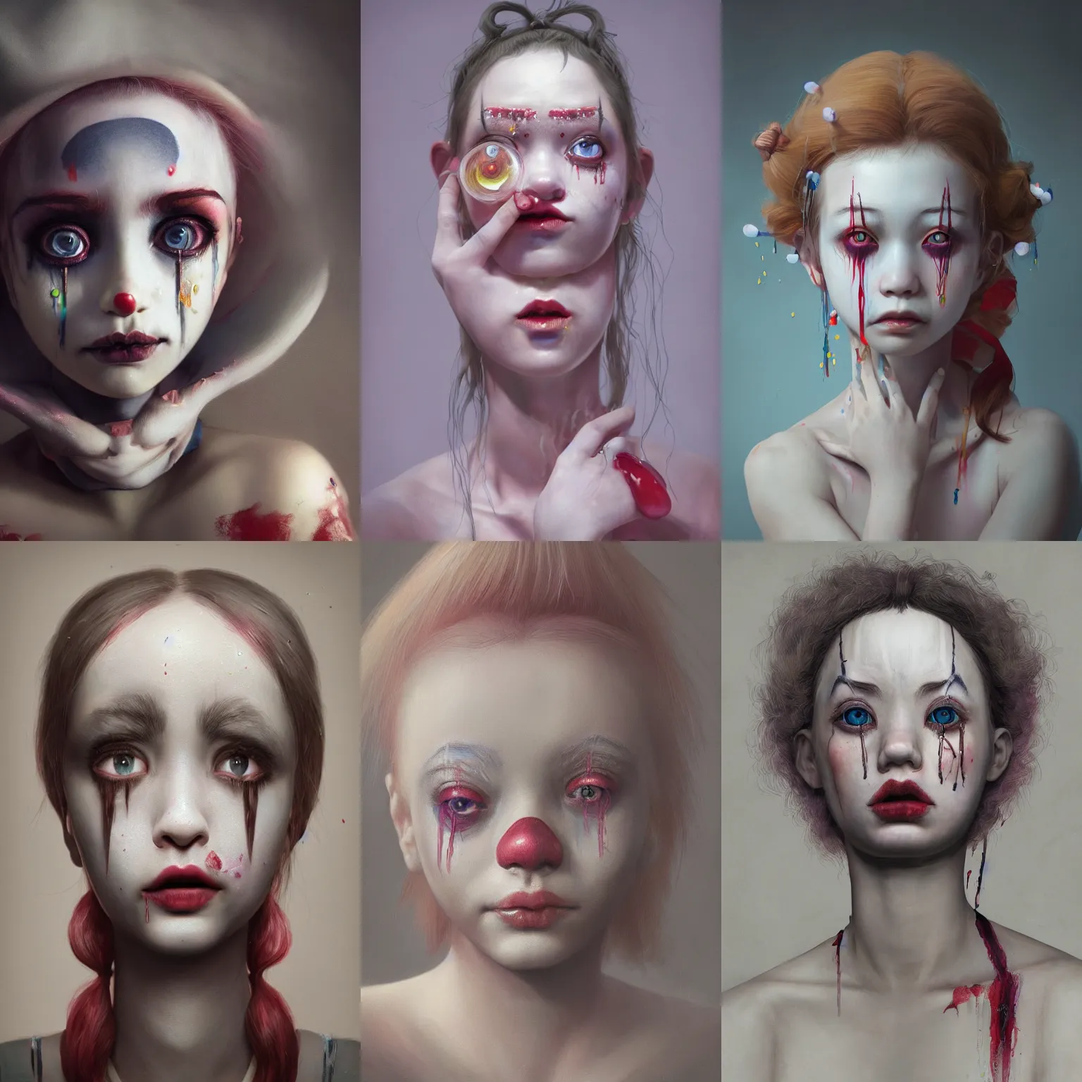 Prompt: breathtaking detailed painting of clown girl tears eyes , with anxious, piercing eyes, art by Hsiao-Ron Cheng, Ja Miyazaki, extremely moody lighting, hyperrealistic, octane render, ambient light, dynamic lighting