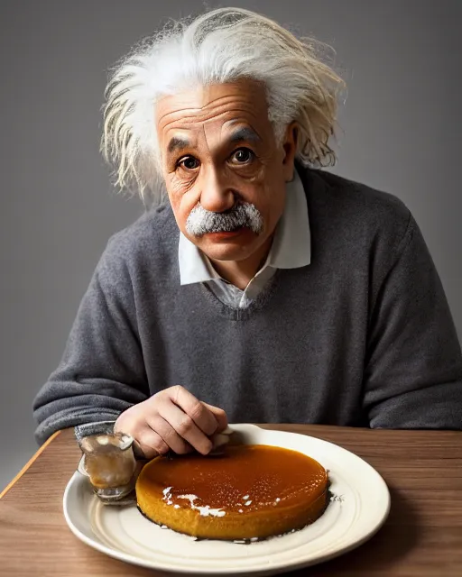 Image similar to a portrait of albert einstein sitting at the dining table with a plate containing caramel custard in front of him, highly detailed, trending on artstation, bokeh, 9 0 mm, f / 1. 4