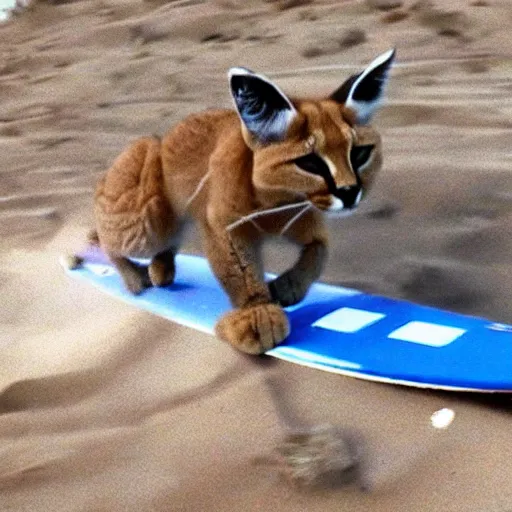 Image similar to gopro photo of a cute fluffy caracal surfing,