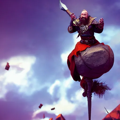 Prompt: dwarven smith riding on top of a sword like a broomstick, soaring, quidditch, 8 k, cinematic, octane render, energetic