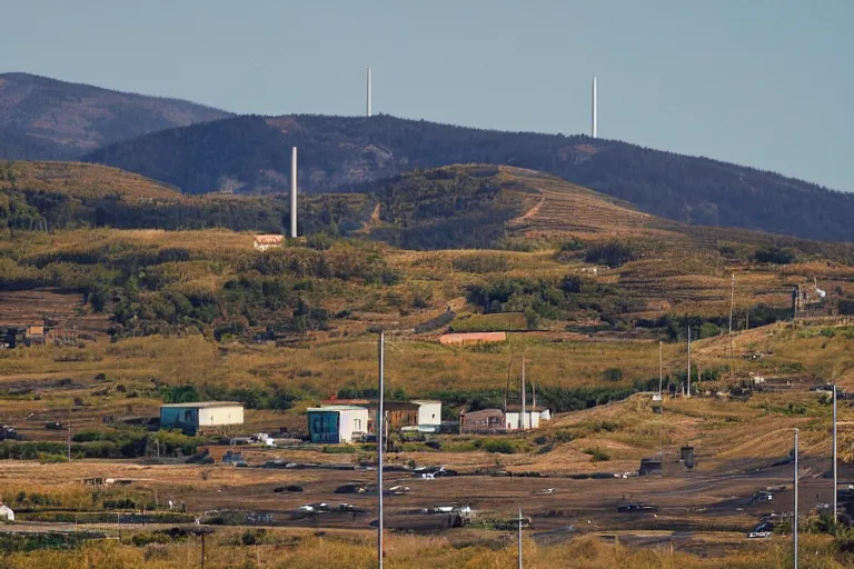 Prompt: a road next to warehouses, and a hill background with a radio tower on top, 3 0 0 mm telephoto lens