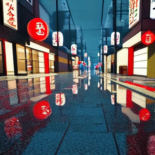 Image similar to still photo of rain puddles and reflections in a japanese street, cloudy weather, highly detailed, photorealistic shot, bright studio setting, studio lighting, crisp quality and light reflections, unreal engine 5 quality render