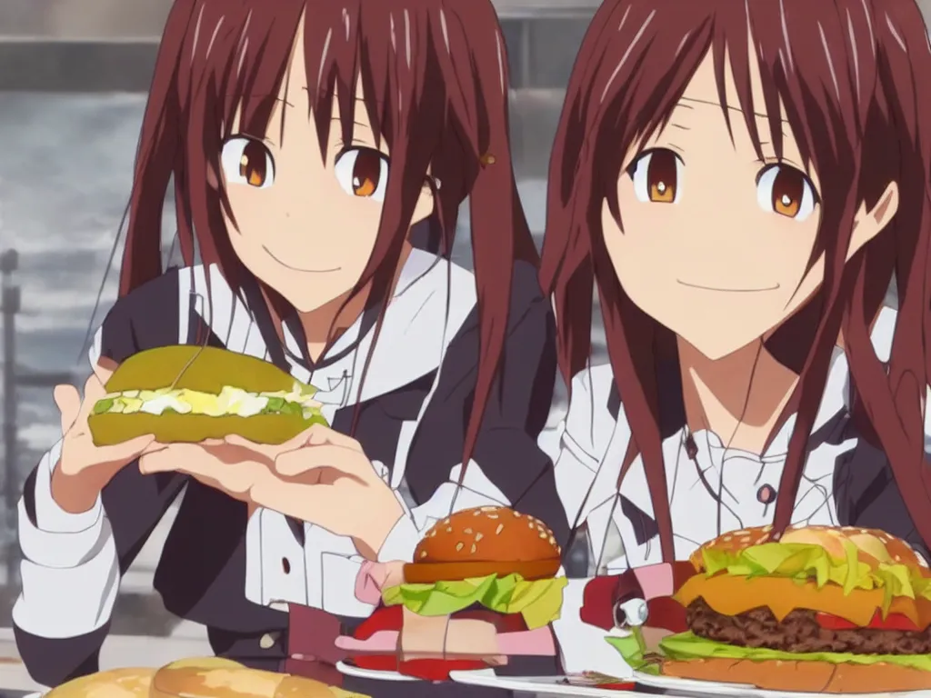 Image similar to yuuki konno from sword art online eating a big burger and being happy, High Definition detail, 8K, anime