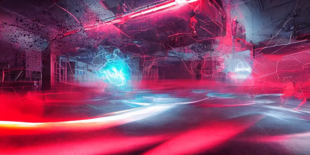 Prompt: slow motion with trail effect of futuristic break dancers, long exposure shot , bullet time effect, at night there is fog and a giant red neon triangle emitting energy, paddle of water, steam, water splashes, rim lights, glossy reflections, water droplets on lens, octane render, detailed and soft, 10mm fisheye