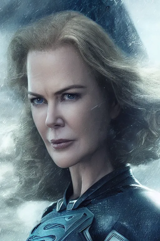 Image similar to a fancy close up of Man of Steel cast as Nicole Kidman by Greg Rutkowski, Sung Choi, Mitchell Mohrhauser, Maciej Kuciara, Johnson Ting, Maxim Verehin, Peter Konig, 8k photorealistic, cinematic lighting, HD, high details, dramatic, trending on artstation, full body armour