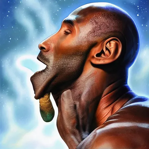 Image similar to kobe bryant kissing a giant turtle in heaven, hyper realistic, side view, digital art, amazing detail, artstatiom, cgsociety, epic art