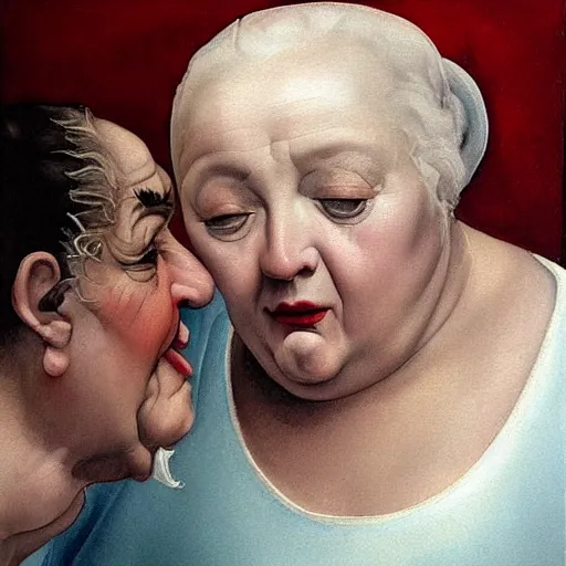 Image similar to a very funny stylize oil painting in renaissance style of a sweet fat old woman kissing her reflection. symmetry face, red mouth, blue eyes. flowery dress. hyper realistic scene. 3 d, octane render, deep focus, white scene. very funny and sweet image. unreal engine. watercolor. fellini style. poster quality. da vinci painting style.