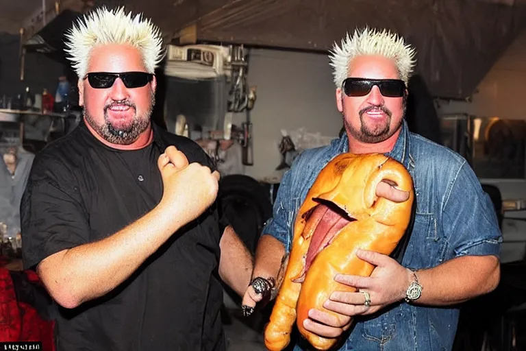 Image similar to beautifully composed photograph of Guy Fieri holding a huge weiner