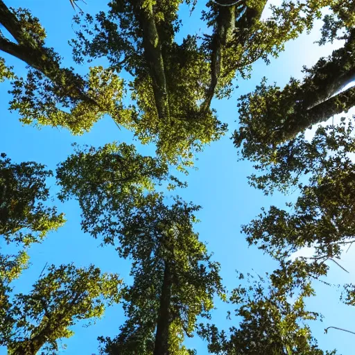 Prompt: looking up into the tree canopy seeing a circular area of the blue sky