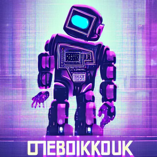 Image similar to cyberpunk style poster with a robot, purple color theme