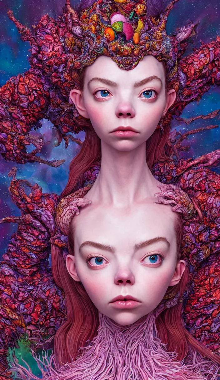 Image similar to hyper detailed 3d render like a Oil painting - kawaii portrait of two Aurora (a beautiful skeksis muppet fae queen from dark crystal that looks like Anya Taylor-Joy) seen red carpet photoshoot in UVIVF posing in scaly dress to Eat of the Strangling network of yellowcake aerochrome and milky Fruit and His delicate Hands hold of gossamer polyp blossoms bring iridescent fungal flowers whose spores black the foolish stars by Jacek Yerka, Ilya Kuvshinov, Mariusz Lewandowski, Houdini algorithmic generative render, Abstract brush strokes, Masterpiece, Edward Hopper and James Gilleard, Zdzislaw Beksinski, Mark Ryden, Wolfgang Lettl, hints of Yayoi Kasuma and Dr. Seuss, octane render, 8k