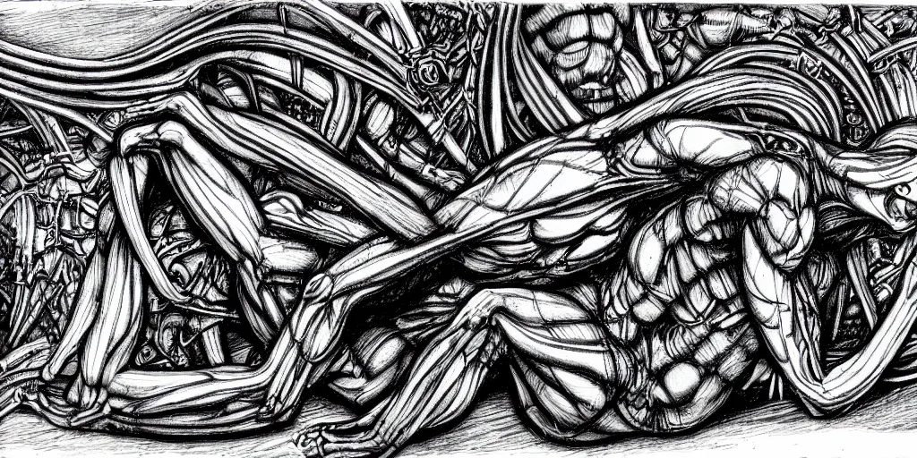 Image similar to enomorph in the style of HR Giger, black and white pen and ink, movie scene