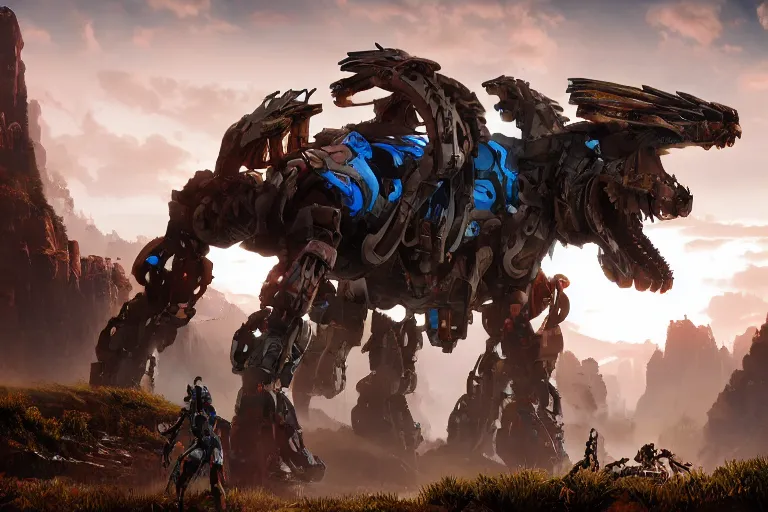 Image similar to thunderjaw machine mecha animal beast robot of horizon forbidden west horizon zero dawn bioluminiscence global illumination ray tracing hdr fanart arstation by sung choi and eric pfeiffer and gabriel garza and casper konefal