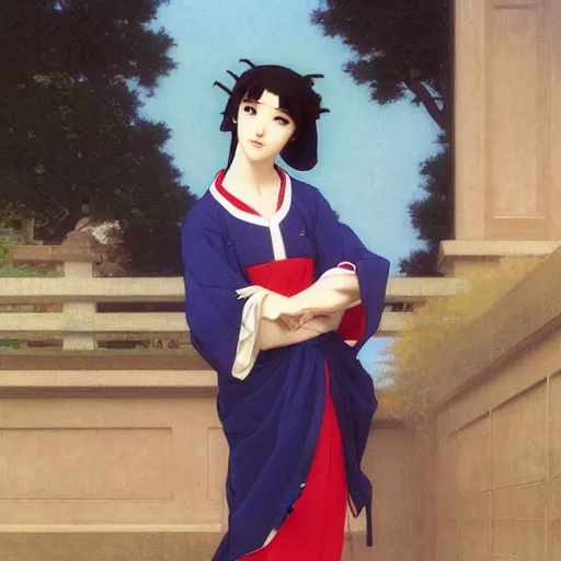 Image similar to A masterpiece head and shoulders portrait of Misato Katsuragi of NGE by Edmund Leighton and William Adolphe Bouguereau and Makoto Shinkai, modern clothing