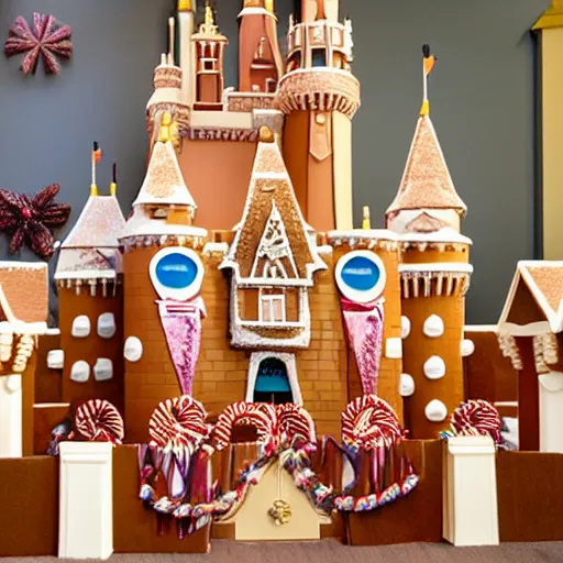 Image similar to disney world castle as a life size gingerbread house.