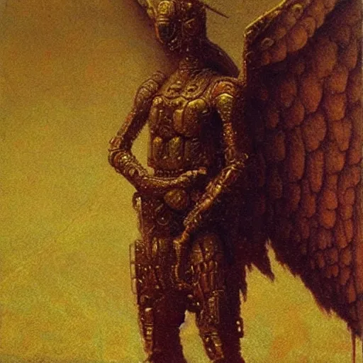 Image similar to arch angel in ancient golden armor, beksinski