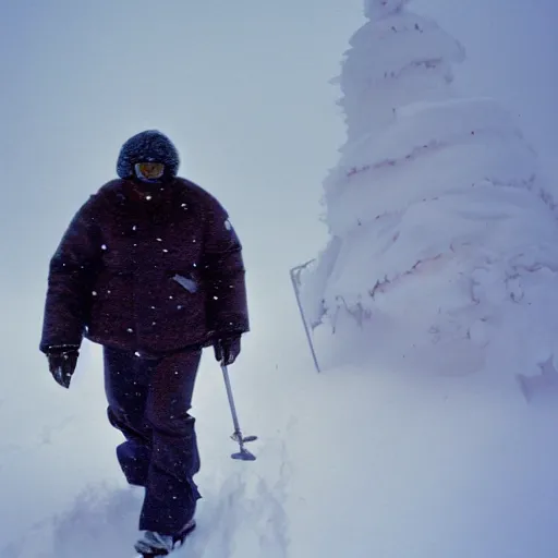 Image similar to photo, old black man wandering in the snow, moncler jacket, ski goggles, wild unkempt hair, mischevious grin, portrait, cold color temperature, snow storm. hazy atmosphere. humidity haze. kodak ektachrome, greenish expired film, award winning, low contrast