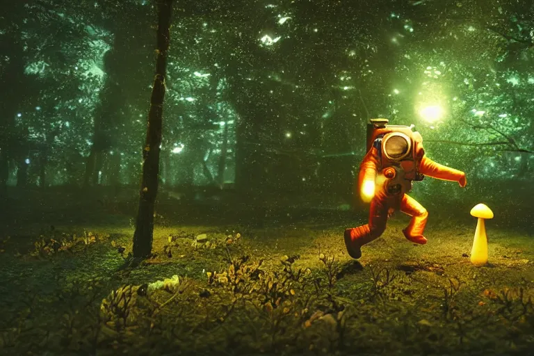 Image similar to An astronaut walking in an enchanted forest. Glowing mushrooms. Cinematic lighting. Photorealism.