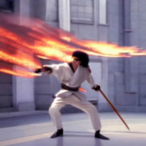 Image similar to cinematic film still of Michael Jackson starring as a Samurai holding fire, Japanese CGI, VFX, 2022, 40mm lens, shallow depth of field, film photography