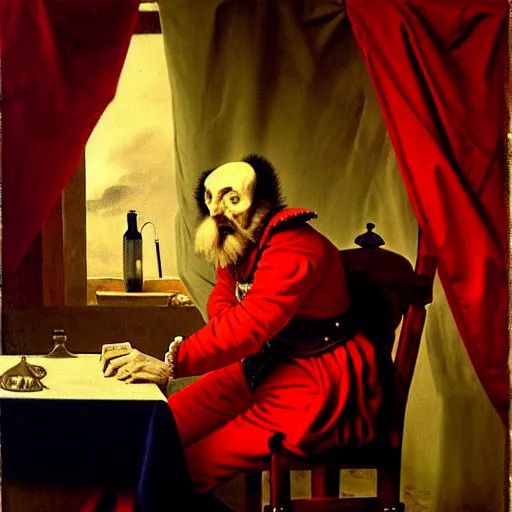 Image similar to a plotting man in a red jester suit sitting in a wooden chair near a table covered with cloth. the room is dimly lit. style of Jan Matejko, ominous, realistic, highly detailed