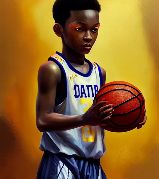 Image similar to portrait of a boy holding a basketball playing basketball wearing a basketball uniform in a basketball court, intricate, elegant, highly detailed, centered, digital painting, artstation, concept art, smooth, sharp focus, illustration, by Peter Mohrbacher, WLOP